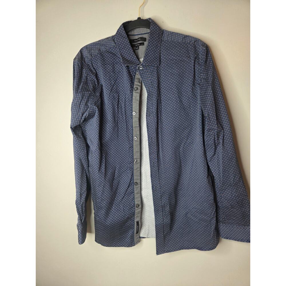 Tahari Mens Large Blue Patterned Long Sleeve Button Up Shirt Stretch